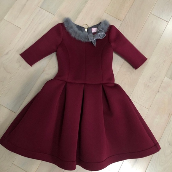 Zoe beautiful mink fur removable collar burgundy dress